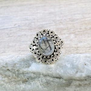 Size 7.5 Natural Black Tourmaline in Quartz Ring, Tourmalinated Quartz Ring, 925 Sterling Silver Ring, Natural Crystal Ring | Natural genuine Tourmalinated Quartz rings, simple unique handcrafted gemstone rings. #rings #jewelry #shopping #gift #handmade #fashion #style #affiliate #ad