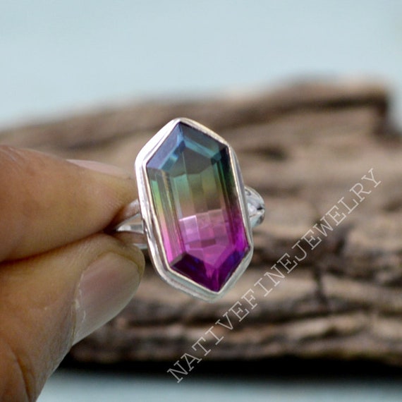 Bi Color Tourmaline Quartz Ring- 925 Sterling Silver Ring -hexagonal Cut Multicolor Quartz Gift Ring -birthstone Ring- Tourmaline Gift Ring