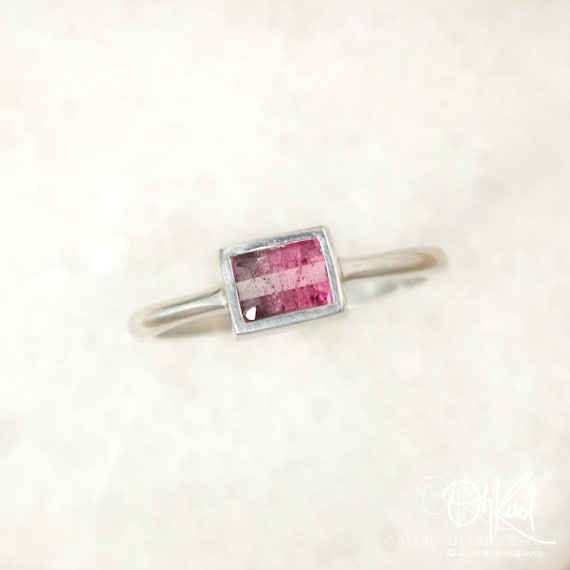 Silver Pink Ombre Tourmaline Ring, Rectangular Cut, Bezel Setting