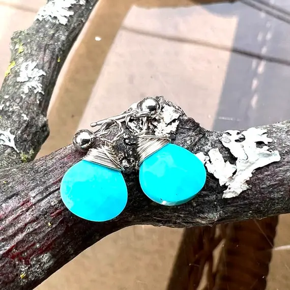 Tiny Natural Arizona Sleeping Beauty Turquoise Earrings Solid 14k White Gold , December Birthstone , 11th Anniversary