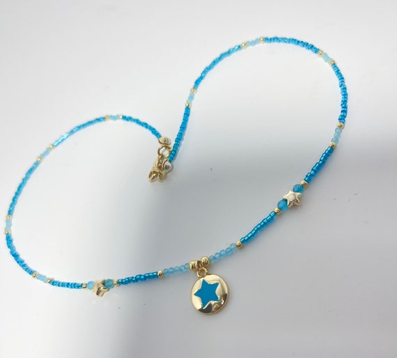 Beautiful Necklace Turquoise Chocker Star Gold Color Blue Charm Necklace Gift 18 Inches