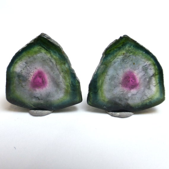 15.75 Carats Watermelon Tourmaline Cabochon Sliced Pair For Earrings Natural Gem Stone Trillion Handmade Brazilian Maine Gemstone Crystal