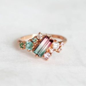 Shop Watermelon Tourmaline Jewelry! Watermelon tourmaline ring, Bicolor engagement ring, Baguette cluster, Pink & mint green ring | Natural genuine Watermelon Tourmaline jewelry. Buy handcrafted artisan wedding jewelry.  Unique handmade bridal jewelry gift ideas. #jewelry #beadedjewelry #gift #crystaljewelry #shopping #handmadejewelry #wedding #bridal #jewelry #affiliate #ad
