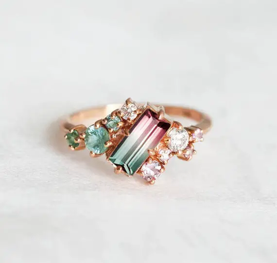 Watermelon Tourmaline Ring, Bicolor Engagement Ring, Baguette Cluster, Pink & Mint Green Ring