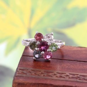 Shop Watermelon Tourmaline Rings! Watermelon Tourmaline Ring, Dainty Art Deco Ring, Cluster Flower Ring, Statement Ring, 925 Sterling Silver, Delicate Multi Stone Ring Women | Natural genuine Watermelon Tourmaline rings, simple unique handcrafted gemstone rings. #rings #jewelry #shopping #gift #handmade #fashion #style #affiliate #ad