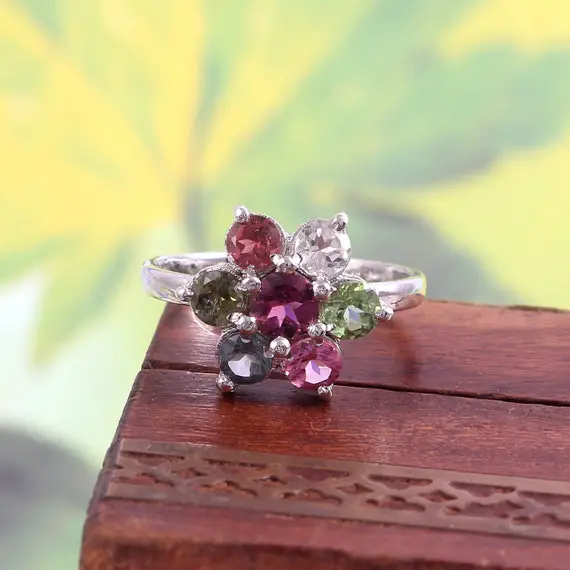 Watermelon Tourmaline Ring, Dainty Art Deco Ring, Cluster Flower Ring, Statement Ring, 925 Sterling Silver, Delicate Multi Stone Ring Women