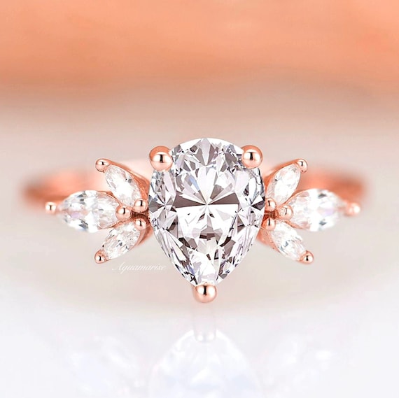 Teardrop White Sapphire Ring- 14k Rose Gold Vermeil Teardrop Diamond Engagement Ring For Women- Dainty Promise Ring Anniversary Gift For Her