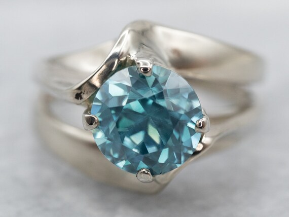 Modernist Blue Zircon Ring, White Gold Zircon  Ring, Zircon Statement Ring, Blue Stone Ring, Round Zircon Ring, Birthstone Ring A11678
