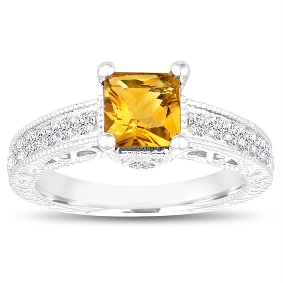1.40 Carat Princess Cut Citrine Engagement Ring, Wedding Ring, 14k White Gold Or Black Gold Unique Vintage Antique Style Handmade Certified
