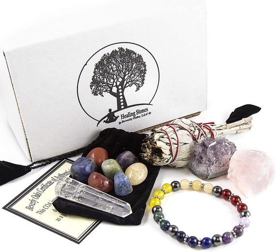 12 Pc White California Sage & Chakra Crystal Healing Kit~sag Stick, Crystal Obelisk, Rose Quartz Stone, Amethyst Chunk, Chakra Bracelet,