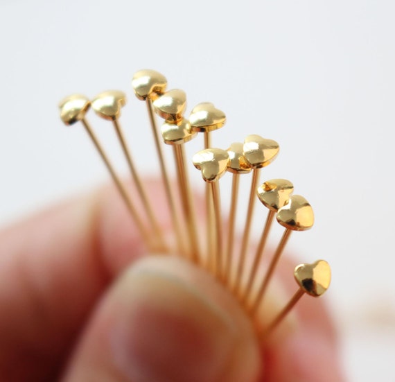 20pcs Heart Pins, Heart Head Pins, 14k Gold Plated, 22gauge, 30mm Component For Jewelry Making Findings Gd007