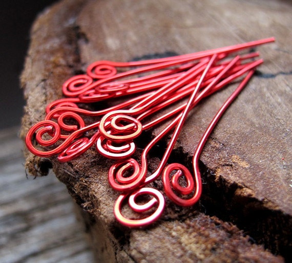 22 Gauge Red Spiral Headpins Enameled Swirl Copper Head Pins Handmade Spiral Eye Pins Christmas Findings Artisan Findings, Colored Sticks