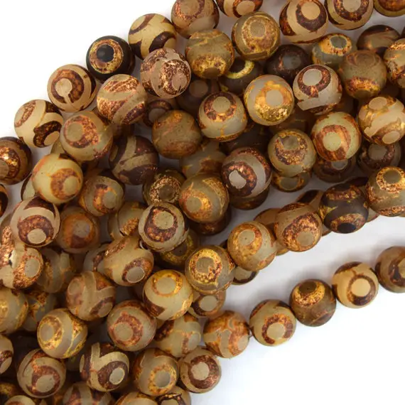 Matte Brown Tibetan Dzi Agate Round Beads 15" Strand 6mm 8mm 10mm Evil Eye