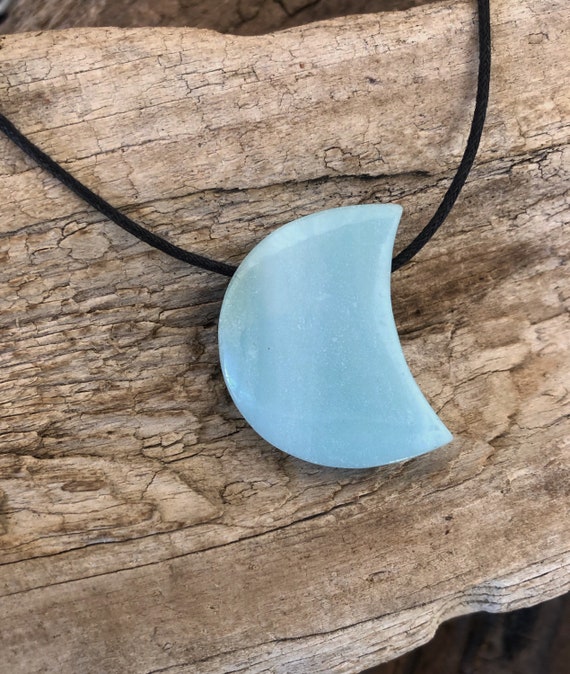 Blue Moon Pendant Necklace For Men Or Women, Throat Chakra Metaphysical Healing Crystal Necklace, Amazonite Stone Pendant With Cord