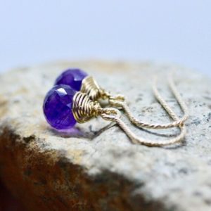 Shop Amethyst Earrings! Natural Amethyst Earrings 14K Gold Filled , Wire Wrapped Briolette, 6th Anniversary , Wedding , Wire Wrapped , February Birthstone | Natural genuine Amethyst earrings. Buy handcrafted artisan wedding jewelry.  Unique handmade bridal jewelry gift ideas. #jewelry #beadedearrings #gift #crystaljewelry #shopping #handmadejewelry #wedding #bridal #earrings #affiliate #ad