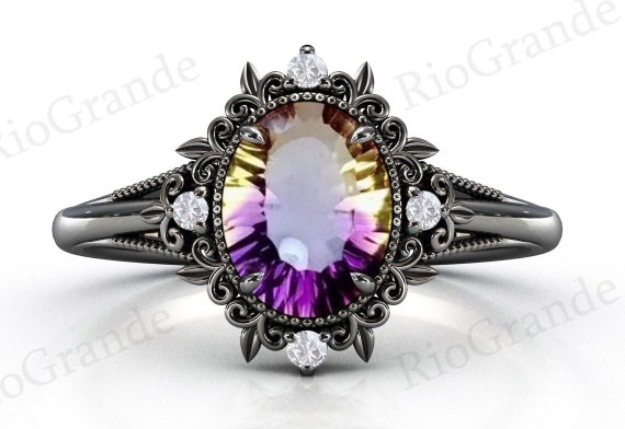 Bio Color Ametrine Engagement Ring Art Deco Filigree Style Ametrine Wedding Ring Vintage 925 Silver Ametrine Bridal Promise Ring For Women