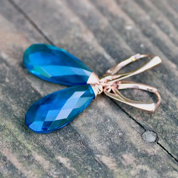 Neon Blue Apatite Earrings 14k Rose Gold Vermeil , Anniversary Gift , Lab Made Gems , Hinges