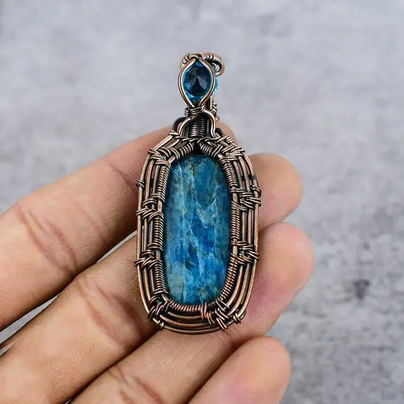 Neon Blue Apatite Gemstone Pendant Pendant Copper Wire Wrapped Pendant Copper Pendant Jewelry Designer Pendant For Women Gift For Her Mother