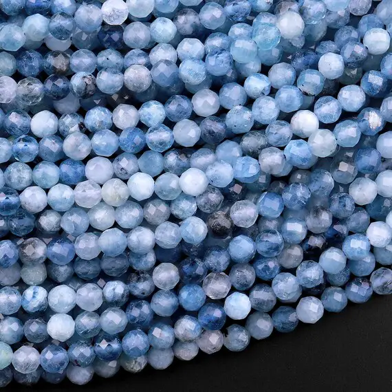 Micro Faceted Natural Blue Aquamarine 2mm 3mm 4mm Round Beads 15.5" Strand