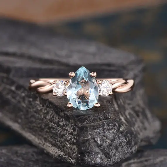 Rose Gold Aquamarine Engagement Ring Infinity Pear Shaped Three Stone Twist Moissanite Half Eternity Ring Bridal Women Promise Anniversary