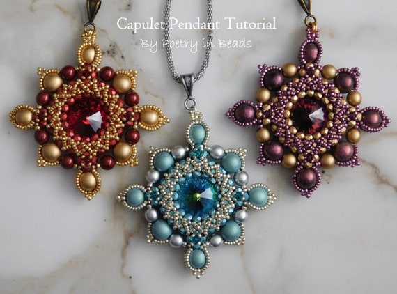 Beading Tutorial, Capulet Pendant Tutorial, Beading Pattern, Renaissance Necklace Tutorial, Swarovski Rivoli, Beadweaving Tutorial, Pdf
