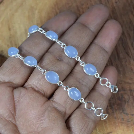 Blue Chalcedony 925 Sterling Silver Bracelet Wedding Glam Hand Jewelry Adjustable Bracelet