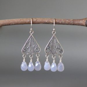 Shop Blue Chalcedony Earrings! Blue Chalcedony Earrings – Silver Chandelier Earrings – Silver Filigree Earrings – Bali Silver Earrings – Silver Wire Wrapped Earrings | Natural genuine Blue Chalcedony earrings. Buy crystal jewelry, handmade handcrafted artisan jewelry for women.  Unique handmade gift ideas. #jewelry #beadedearrings #beadedjewelry #gift #shopping #handmadejewelry #fashion #style #product #earrings #affiliate #ad