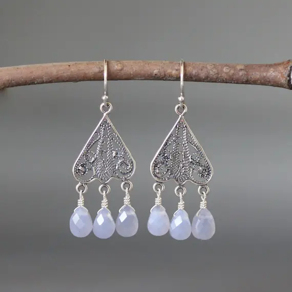 Blue Chalcedony Earrings - Silver Chandelier Earrings - Silver Filigree Earrings - Bali Silver Earrings - Silver Wire Wrapped Earrings
