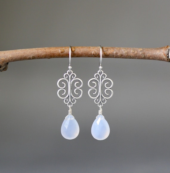 Blue Chalcedony Earrings - Silver Filigree Earrings - Silver Dangle Earrings - Bali Silver Earrings - Silver Wire Wrapped Earrings