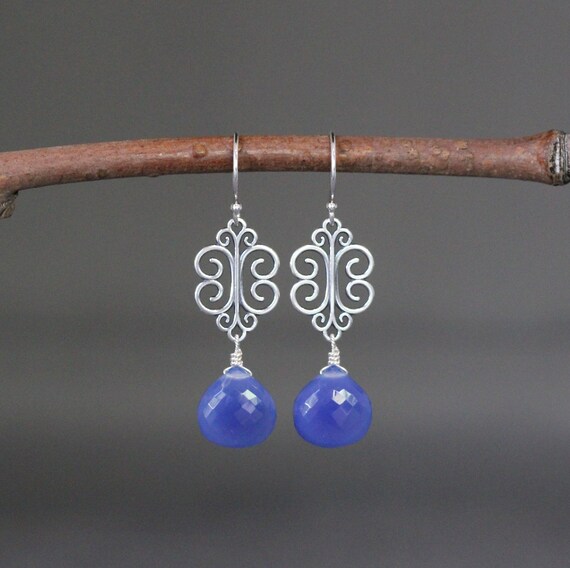 Blue Chalcedony Earrings - Silver Filigree Earrings - Bali Silver Earrings - Silver Link Earrings - Silver Dangle Earrings