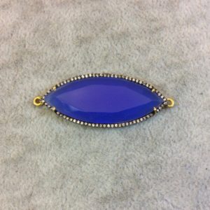 Shop Blue Chalcedony Beads! Gold Finish Faceted CZ Rimmed Cobalt Blue Chalcedony Marquis Shaped Bezel Connector Component – Measures 17 x 42mm – Sold Individually | Natural genuine beads Blue Chalcedony beads for beading and jewelry making.  #jewelry #beads #beadedjewelry #diyjewelry #jewelrymaking #beadstore #beading #affiliate #ad