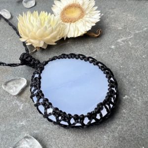 Shop Blue Chalcedony Necklaces! AAA Blue Chalcedony Necklace, round-shaped Disk in Macrame | Natural genuine Blue Chalcedony necklaces. Buy crystal jewelry, handmade handcrafted artisan jewelry for women.  Unique handmade gift ideas. #jewelry #beadednecklaces #beadedjewelry #gift #shopping #handmadejewelry #fashion #style #product #necklaces #affiliate #ad