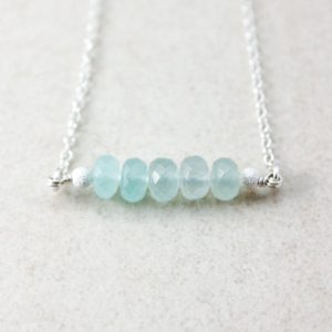 Shop Blue Chalcedony Jewelry! Aqua Blue Chalcedony Bar Necklace, June Birthdays, Tumbled Gemstones | Natural genuine Blue Chalcedony jewelry. Buy crystal jewelry, handmade handcrafted artisan jewelry for women.  Unique handmade gift ideas. #jewelry #beadedjewelry #beadedjewelry #gift #shopping #handmadejewelry #fashion #style #product #jewelry #affiliate #ad