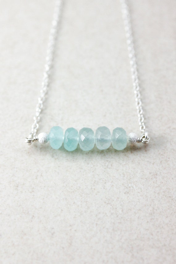 Aqua Blue Chalcedony Bar Necklace, June Birthdays, Tumbled Gemstones