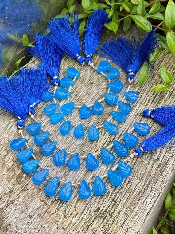 Blue Chalcedony Hand Carved Leaf Leaves  Briolette Beads 13-15mm Approx / 10 Leaf Strand