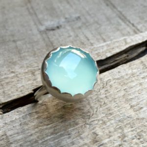 Romantic Elegant Aqua Blue Chalcedony Scallop Bezel Sterling Silver Ring | Blue or Pink Chalcedony Minimalist Setting Silver Ring | Boho | Natural genuine Gemstone rings, simple unique handcrafted gemstone rings. #rings #jewelry #shopping #gift #handmade #fashion #style #affiliate #ad