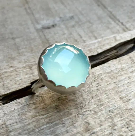 Romantic Elegant Aqua Blue Chalcedony Scallop Bezel Sterling Silver Ring | Blue Or Pink Chalcedony Minimalist Setting Silver Ring | Boho