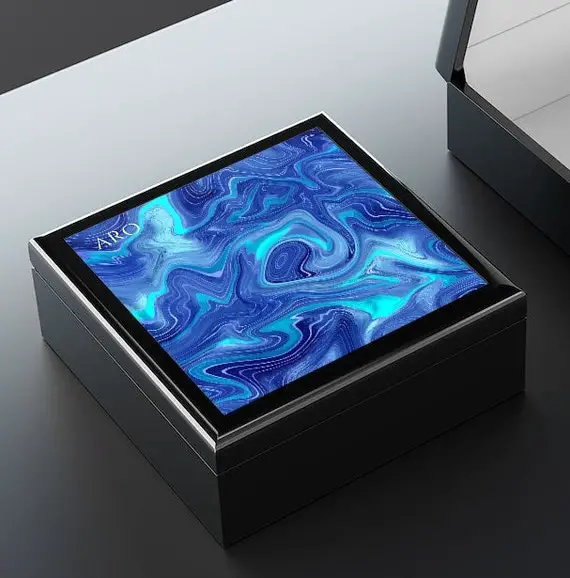 Abstract Blue Keepsake Box For Men - Marble Art Custom Mens Jewelry Box Wooden