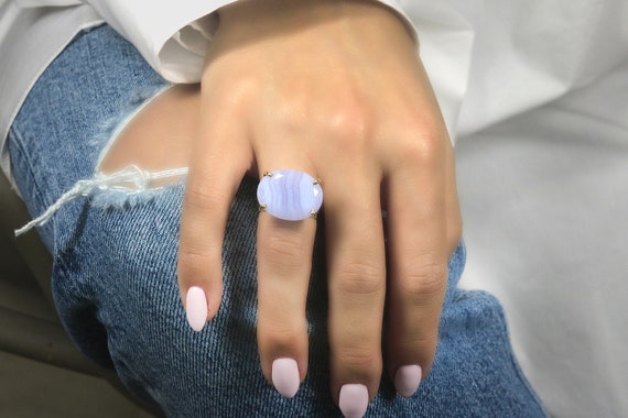 Semiprecious Agate Ring · Big Gemstone Ring · Horizontal Prong Ring · Gold Blue Lace Agate Ring · Solitaire Ring · Custom Shape Cut Ring