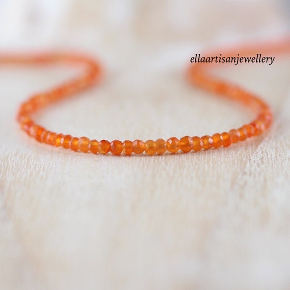 Carnelian Beaded Necklace In Sterling Silver, 14kt Gold Or Rose Gold Filled, Dainty Orange Gemstone Choker, Long Layering Necklace For Women