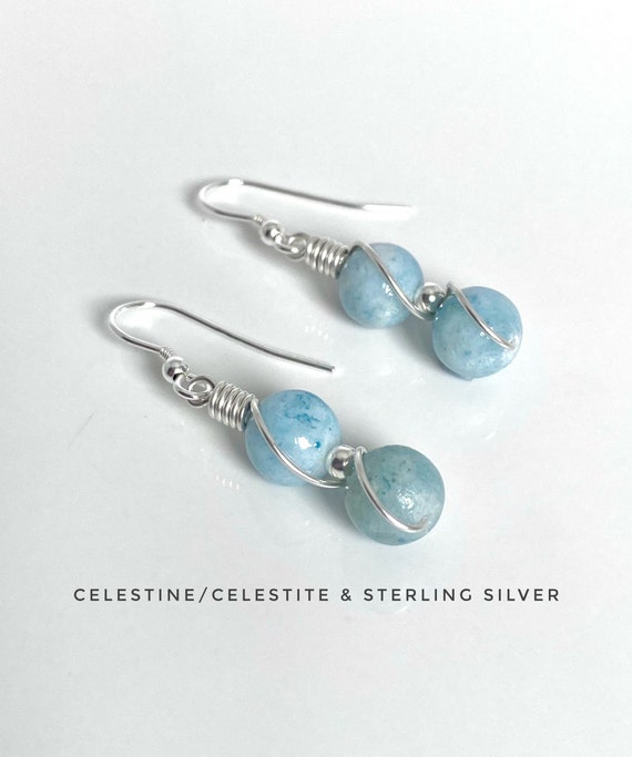 Celestite, Calming Crystal, Celestine, Light Blue Earrings, Sterling Silver.