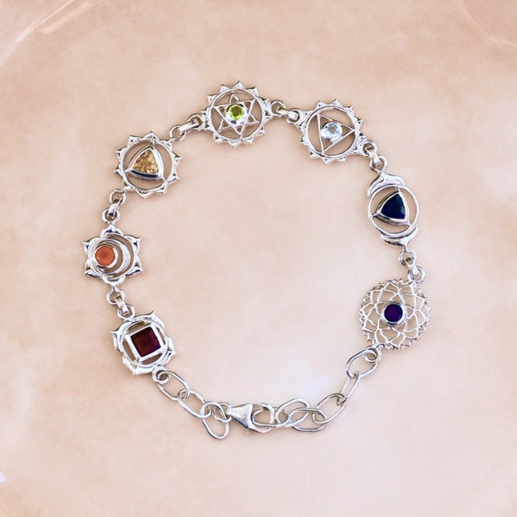Sterling Silver Chakra Bracelet, Natural Gemstone Reiki Jewelry