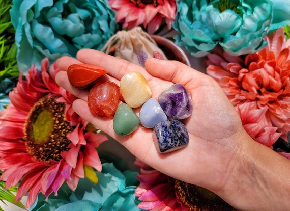 7 Chakra Tumble Stone Set | Seven Pieces | - No. 423 (polished Rainbow Crystal Pocket Stone)