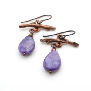 Shop Charoite Earrings! Copper twig earrings, branch, lavender charoite beads, 1 1/2 inches long | Natural genuine Charoite earrings. Buy crystal jewelry, handmade handcrafted artisan jewelry for women.  Unique handmade gift ideas. #jewelry #beadedearrings #beadedjewelry #gift #shopping #handmadejewelry #fashion #style #product #earrings #affiliate #ad