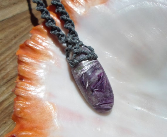 Charoite Necklace, Macrame Stone Necklace, Charoite Pendant, Healing Crystal Necklace, Purple Gemstone, Macrame Net Pendant