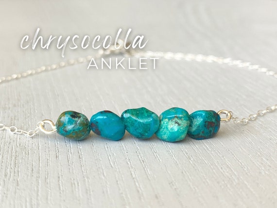 Natural Chrysocolla Bracelet Silver Or Gold Raw Chrysocolla Anklet, Blue Gemstone Ankle Bracelet For Her, Birthday Gift For Friend, Daughter