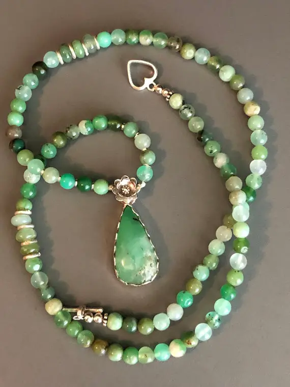 Green Chrysoprase Pendant And Necklace - Sterling & Fine Silver; All Natural Chrysoprase And Silver Accent Bead Necklace