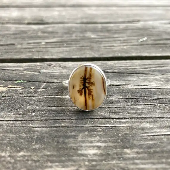 Dendritic Agate Silver Ring, Scenic Landscape Agate Ring Size 5 6 7 8, Minimalist Iconic Design, Special Piece, Completely Handmade & Silver