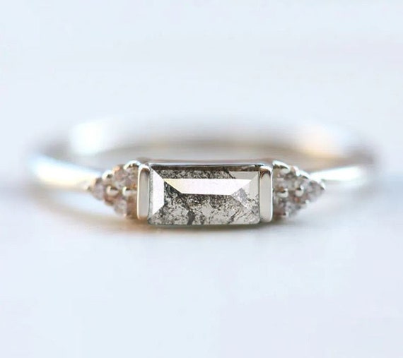 Salt And Pepper Diamond Ring, Engagement Diamond Ring, Galaxy Diamond Engagement Ring, Baguette Diamond Ring
