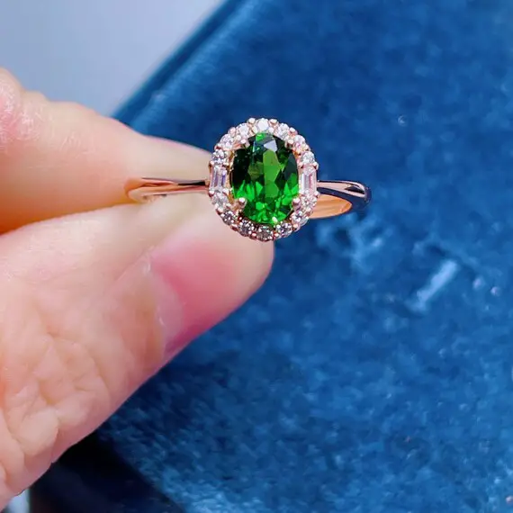 Chrome Diopside Ring | 18k Rose Gold Diopside Ring For Women Jewelry | Genuine Diopside Dainty Cz Diamond Halo Ring | Gift For Her